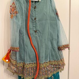 Embroidered Kids Outfit in Blue and Orange